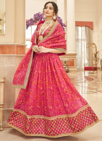 Pink Floral Printed Organza Sequence Embroidery Lehenga Choli